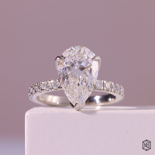 3.71 Carat Pear Cut Lab Grown Diamond Side Stone Pavé Engagement Ring - Front Top View