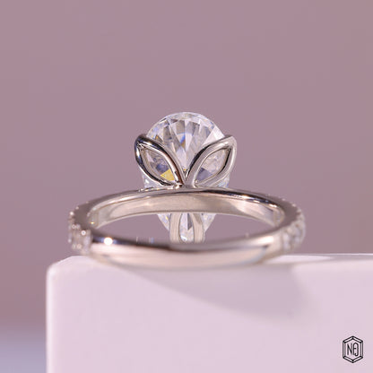 3.71 Carat Pear Cut Lab Grown Diamond Side Stone Pavé Engagement Ring - Hand View / Detail Angle