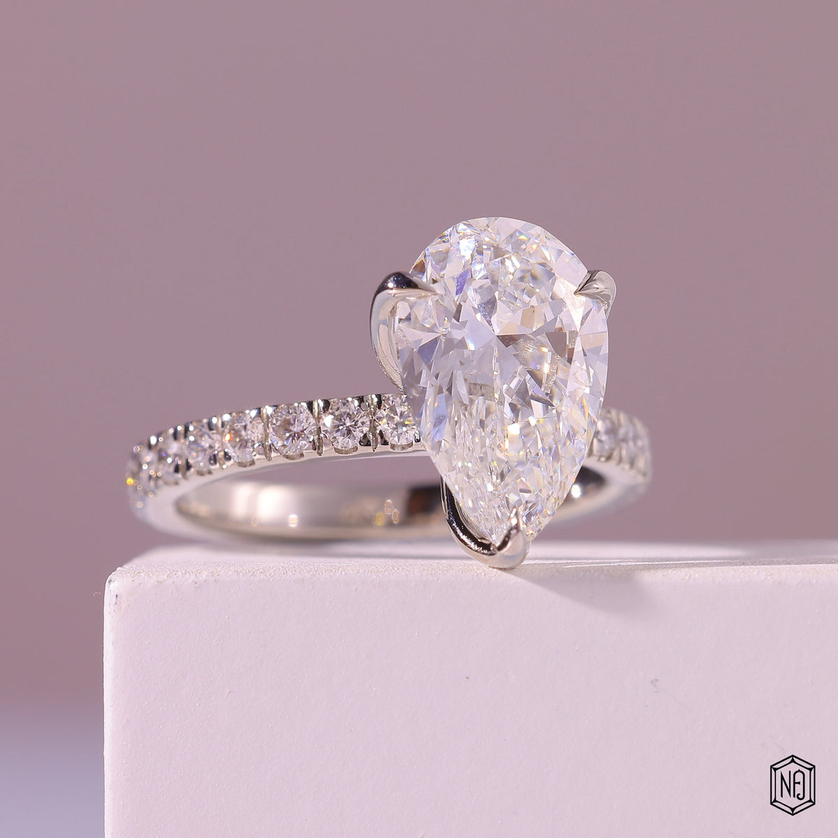 3.71 Carat Pear Cut Lab Grown Diamond Side Stone Pavé Engagement Ring - Gallery & Prongs Detail