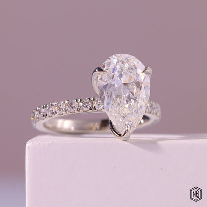 3.71 Carat Pear Cut Lab Grown Diamond Side Stone Pavé Engagement Ring - Gallery & Prongs Detail