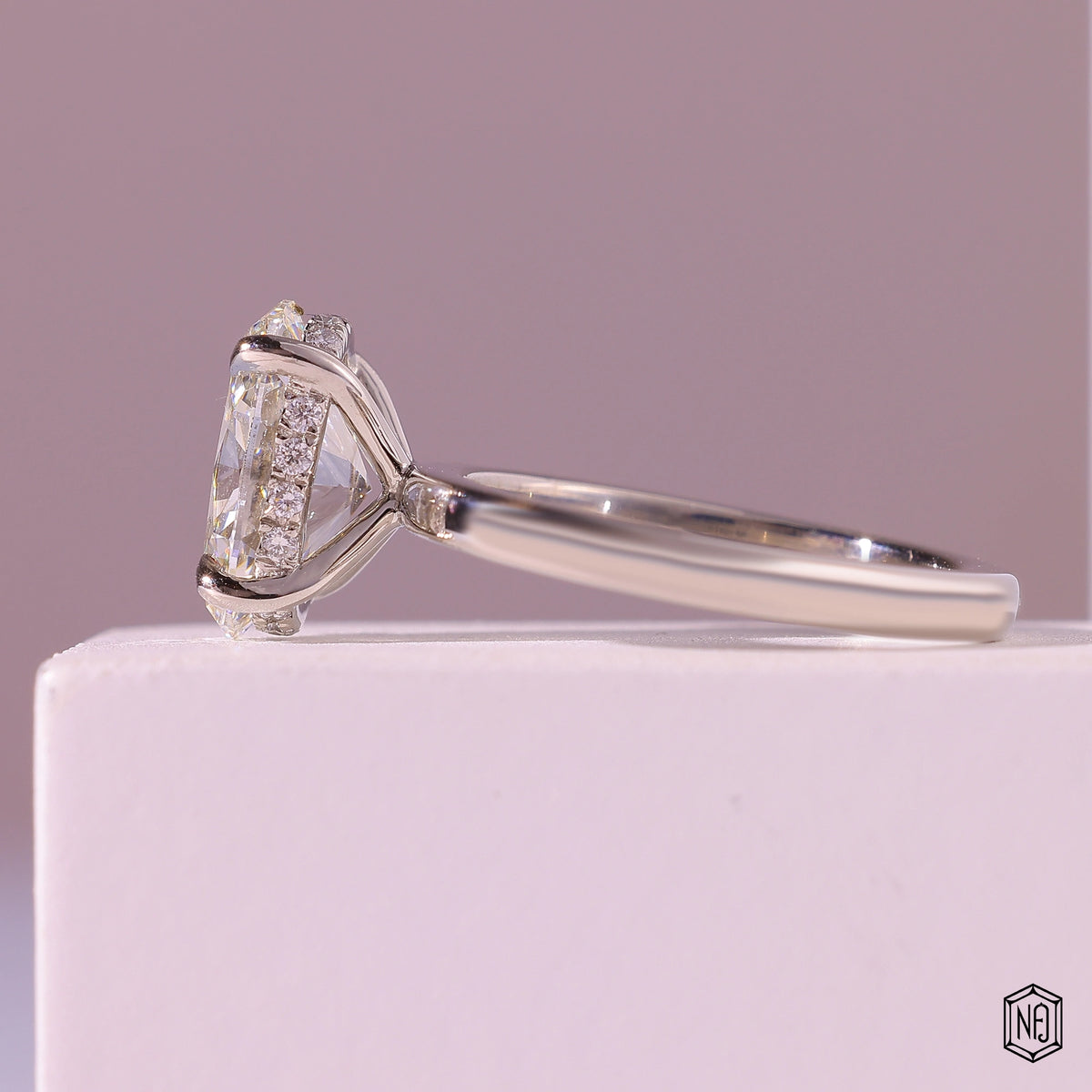2.56 Carat Oval Cut Lab Grown Diamond Delicate Hidden Halo Engagement Ring - Angled Perspective