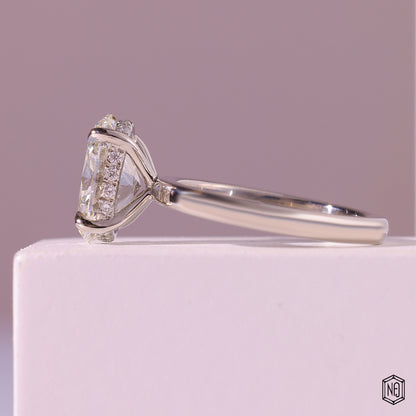 2.56 Carat Oval Cut Lab Grown Diamond Delicate Hidden Halo Engagement Ring - Angled Perspective