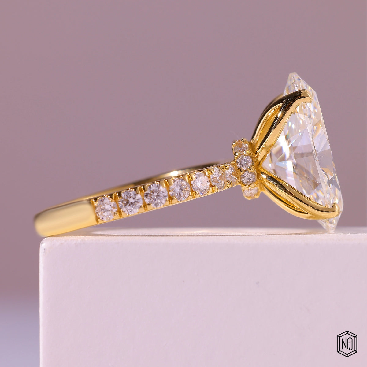 8.59 Carat Oval Cut Lab Grown Diamond Delicate Hidden Halo Engagement Ring - Side Profile Angle