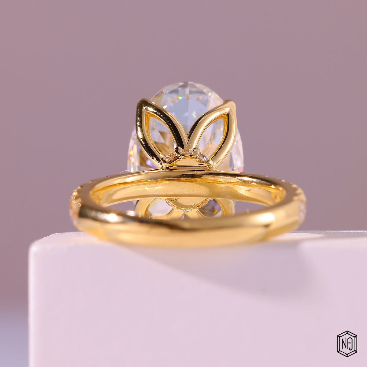 8.59 Carat Oval Cut Lab Grown Diamond Delicate Hidden Halo Engagement Ring - Hand View / Detail Angle