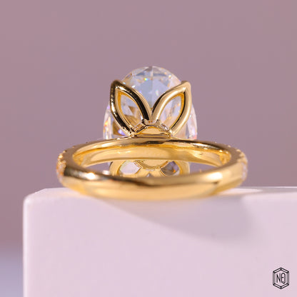 8.59 Carat Oval Cut Lab Grown Diamond Delicate Hidden Halo Engagement Ring - Hand View / Detail Angle