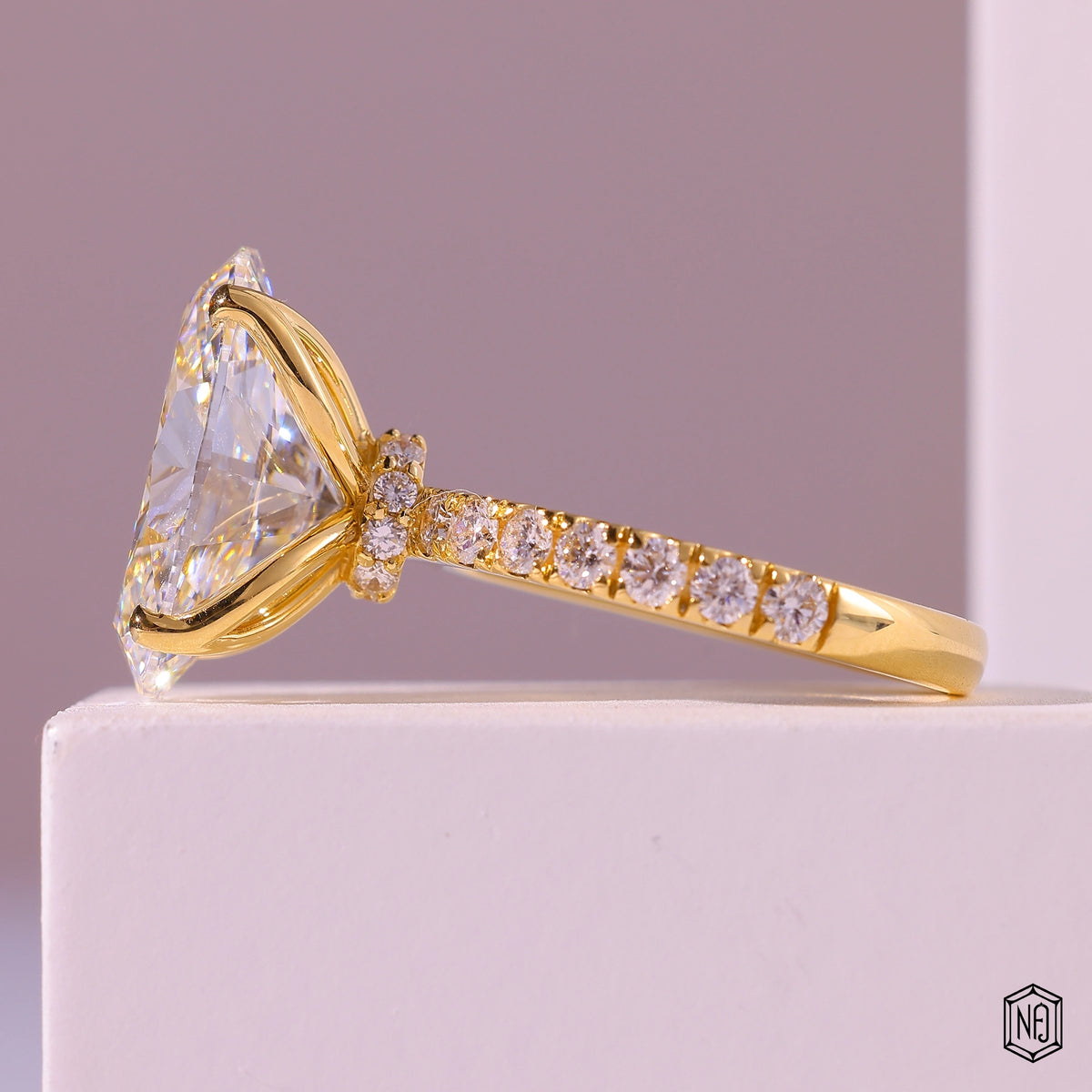 8.59 Carat Oval Cut Lab Grown Diamond Delicate Hidden Halo Engagement Ring - Angled Perspective