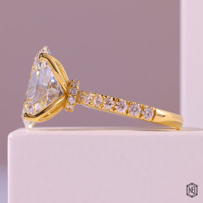 8.59 Carat Oval Cut Lab Grown Diamond Delicate Hidden Halo Engagement Ring - Angled Perspective