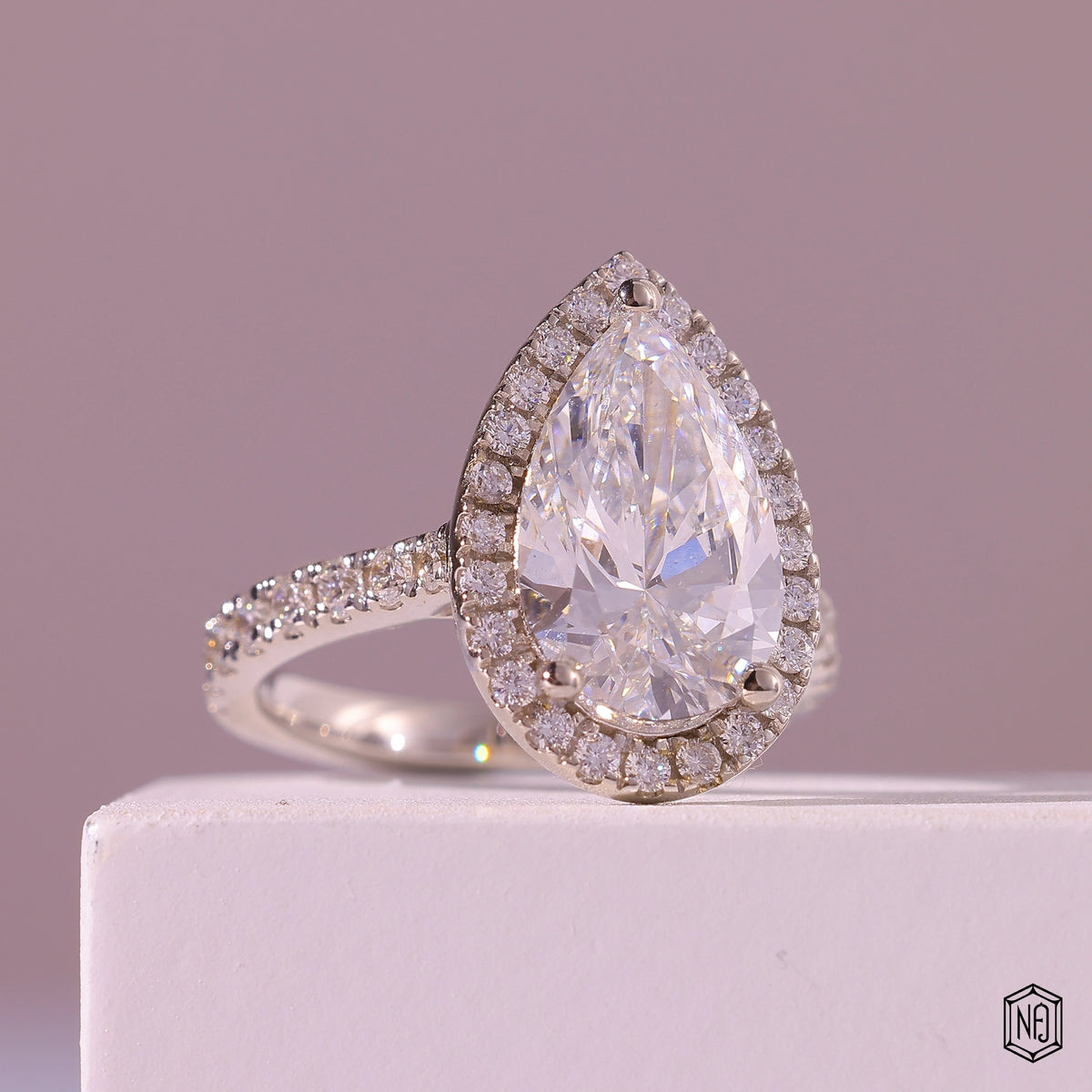 3.43 Carat Pear Cut Lab Grown Diamond Classic Diamond Halo Engagement Ring - Gallery & Prongs Detail