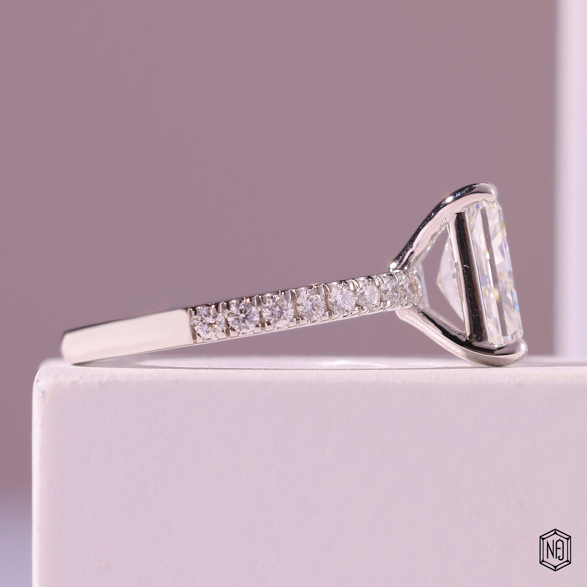 2.43 Carat Radiant Cut Lab Grown Diamond Side Stone Pavé Engagement Ring - Side Profile Angle