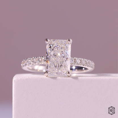 2.43 Carat Radiant Cut Lab Grown Diamond Side Stone Pavé Engagement Ring - Front Top View