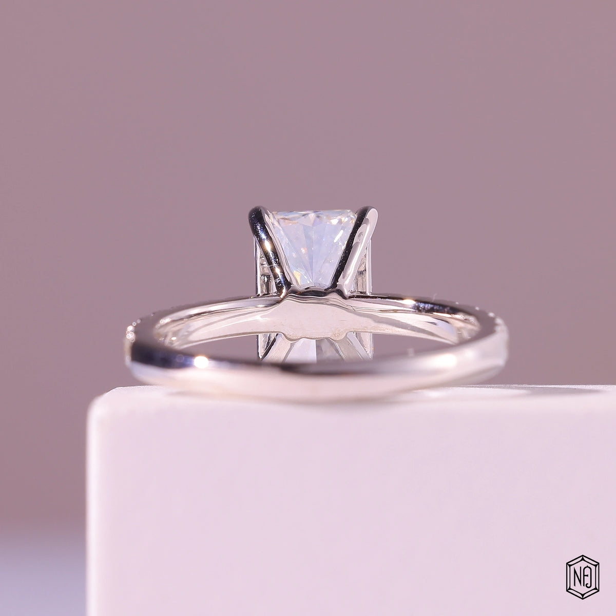 2.43 Carat Radiant Cut Lab Grown Diamond Side Stone Pavé Engagement Ring - Hand View / Detail Angle