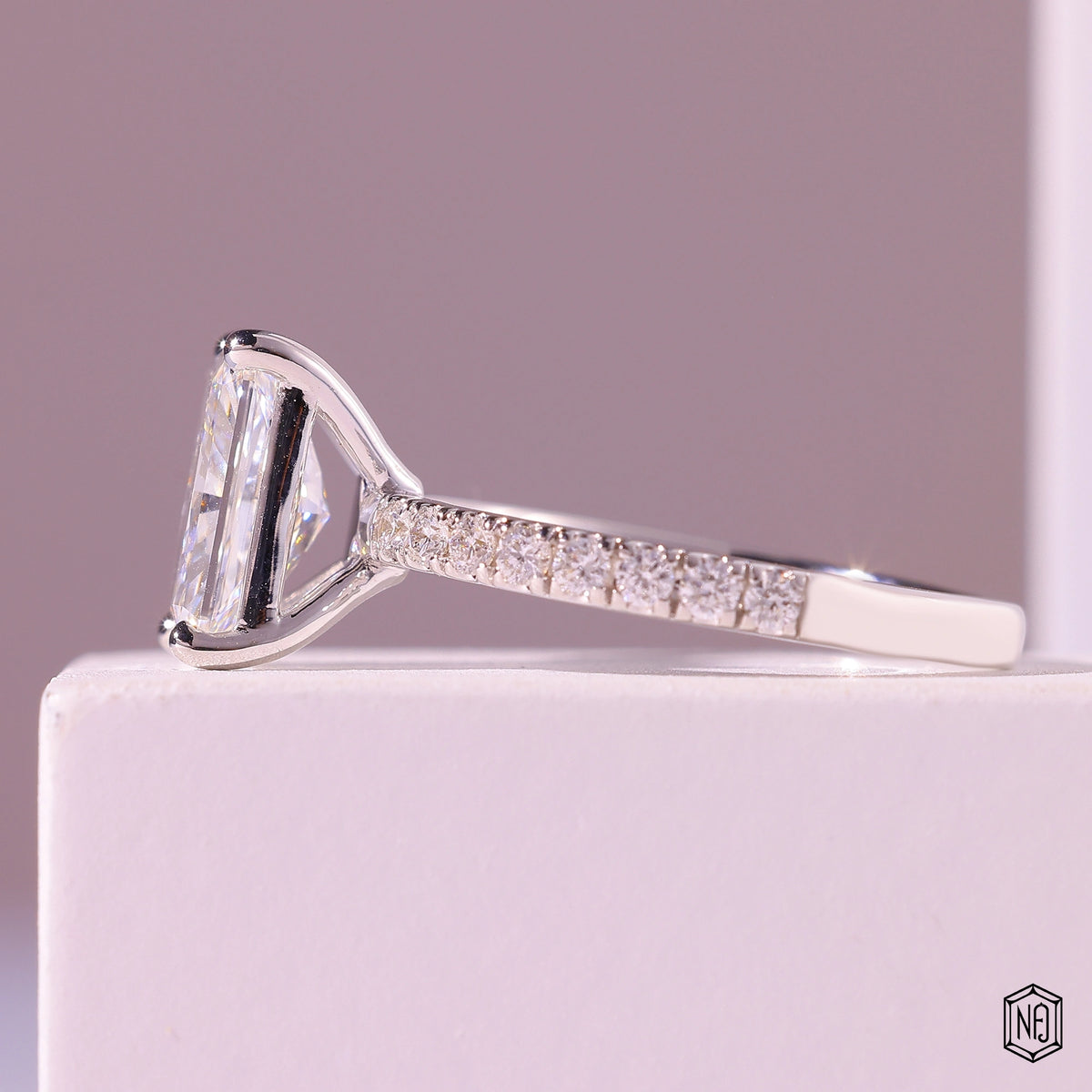 2.43 Carat Radiant Cut Lab Grown Diamond Side Stone Pavé Engagement Ring - Angled Perspective