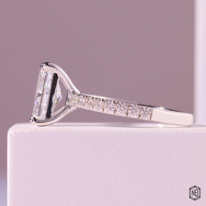 2.43 Carat Radiant Cut Lab Grown Diamond Side Stone Pavé Engagement Ring - Angled Perspective
