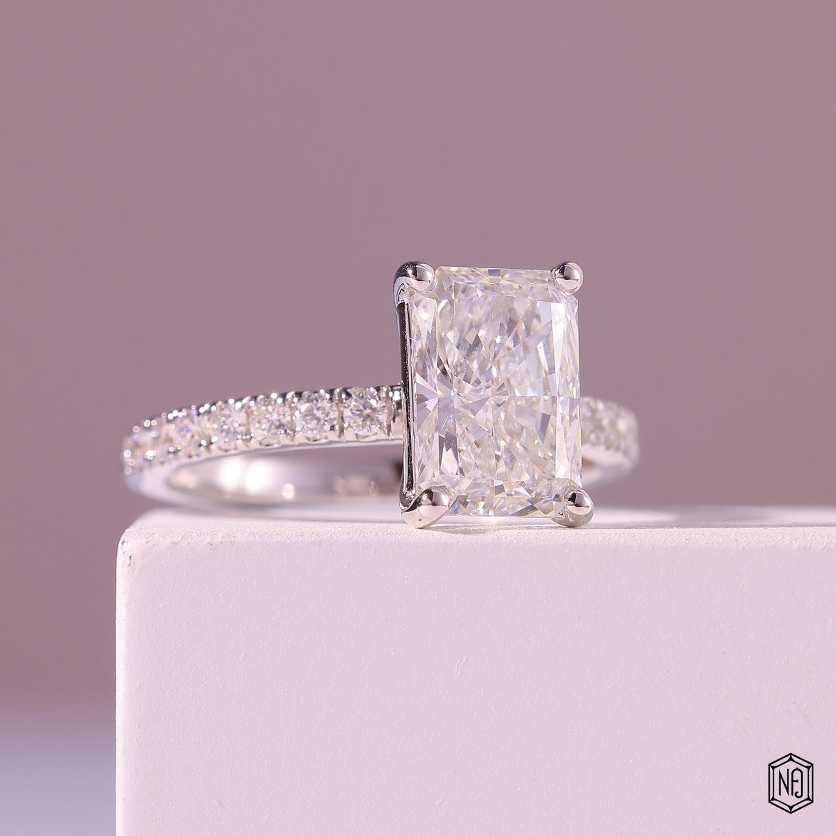 2.43 Carat Radiant Cut Lab Grown Diamond Side Stone Pavé Engagement Ring - Gallery & Prongs Detail