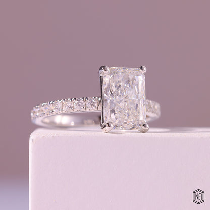 2.43 Carat Radiant Cut Lab Grown Diamond Side Stone Pavé Engagement Ring - Gallery & Prongs Detail