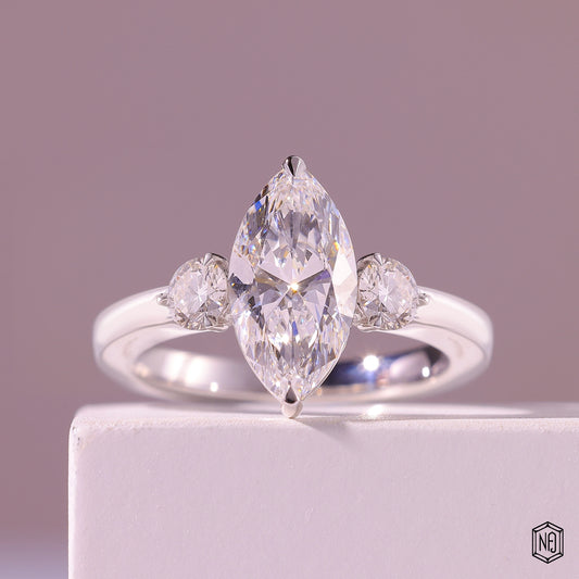 2.52 Carat Marquise Cut Lab Grown Diamond Trellis Three-Stone Engagement Ring - Front Top View