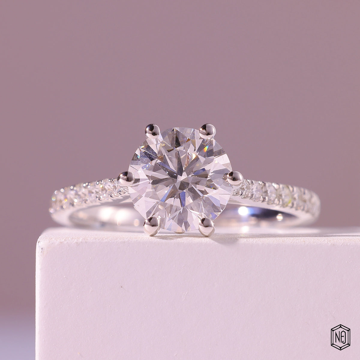3.00 Carat Round Cut Lab Grown Diamond Side Stone Pavé Engagement Ring - Front Top View