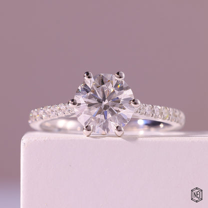 3.00 Carat Round Cut Lab Grown Diamond Side Stone Pavé Engagement Ring - Front Top View