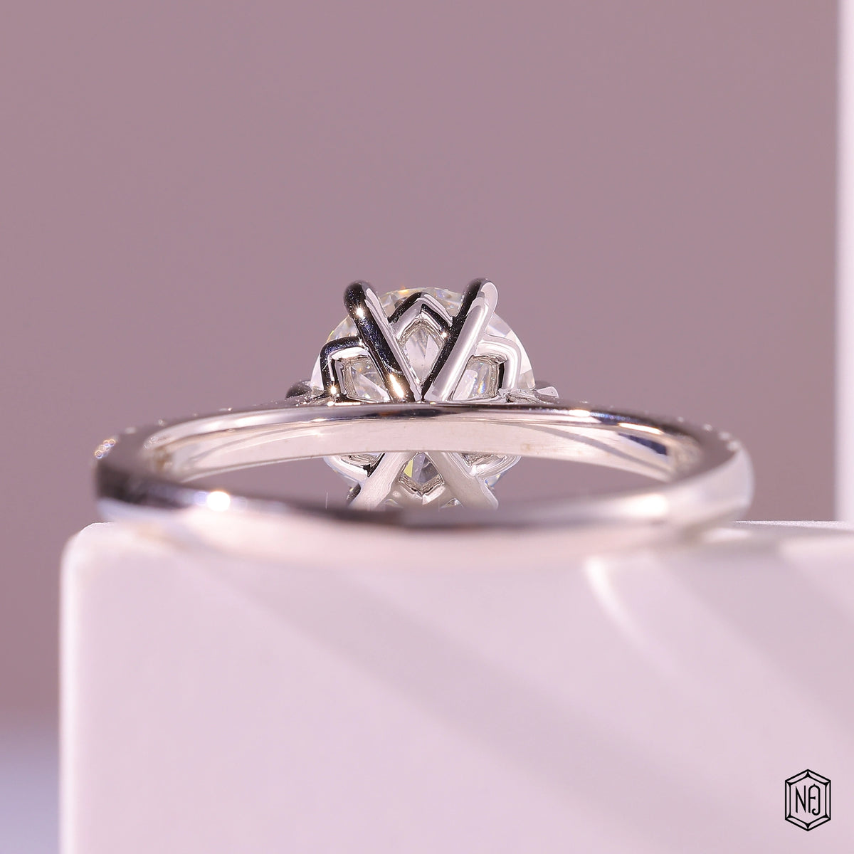 3.00 Carat Round Cut Lab Grown Diamond Side Stone Pavé Engagement Ring - Hand View / Detail Angle