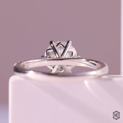 3.00 Carat Round Cut Lab Grown Diamond Side Stone Pavé Engagement Ring - Hand View / Detail Angle