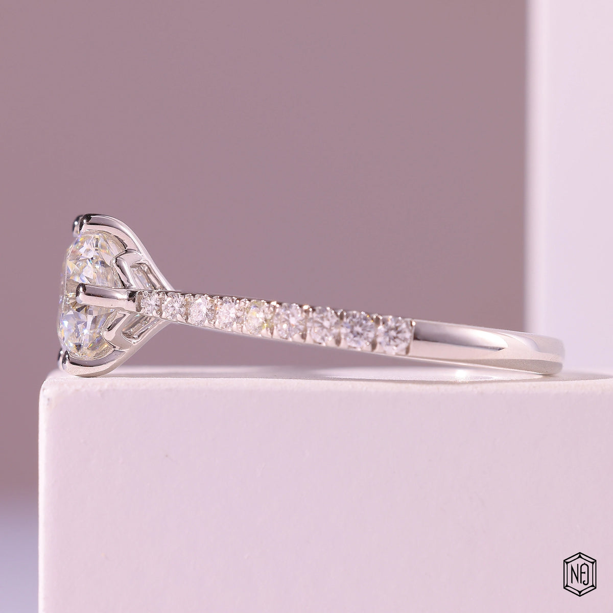 3.00 Carat Round Cut Lab Grown Diamond Side Stone Pavé Engagement Ring - Angled Perspective