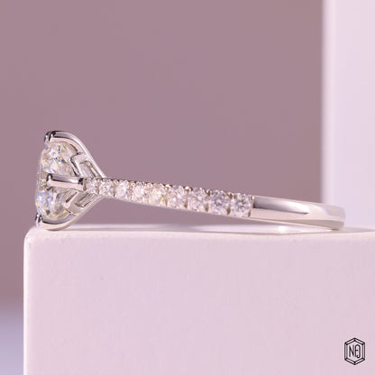 3.00 Carat Round Cut Lab Grown Diamond Side Stone Pavé Engagement Ring - Angled Perspective