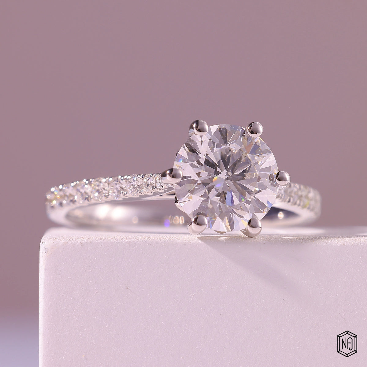 3.00 Carat Round Cut Lab Grown Diamond Side Stone Pavé Engagement Ring - Gallery & Prongs Detail