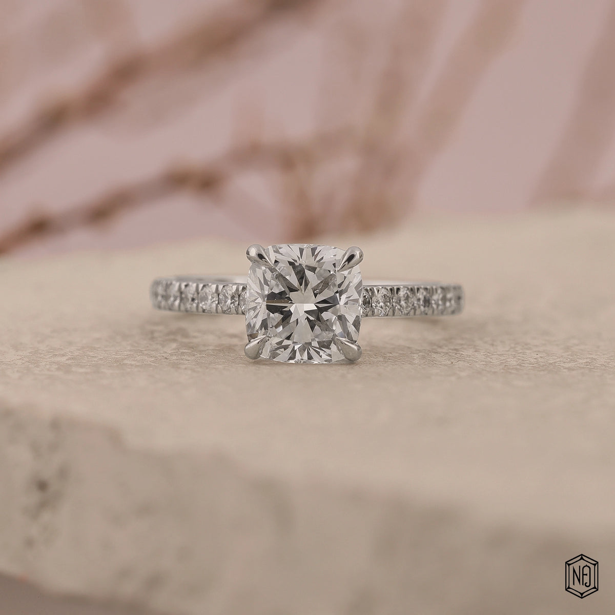 2.48 Carat Cushion Cut Lab Grown Diamond Side Stone Pavé Engagement Ring - Front Top View
