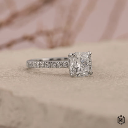 2.48 Carat Cushion Cut Lab Grown Diamond Side Stone Pavé Engagement Ring - Gallery & Prongs Detail