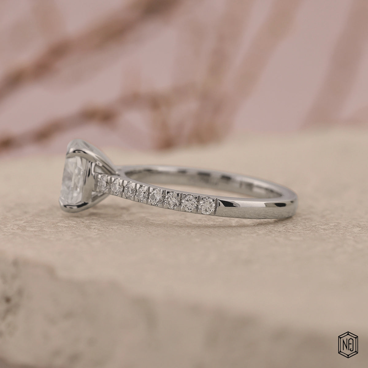 2.48 Carat Cushion Cut Lab Grown Diamond Side Stone Pavé Engagement Ring - Angled Perspective