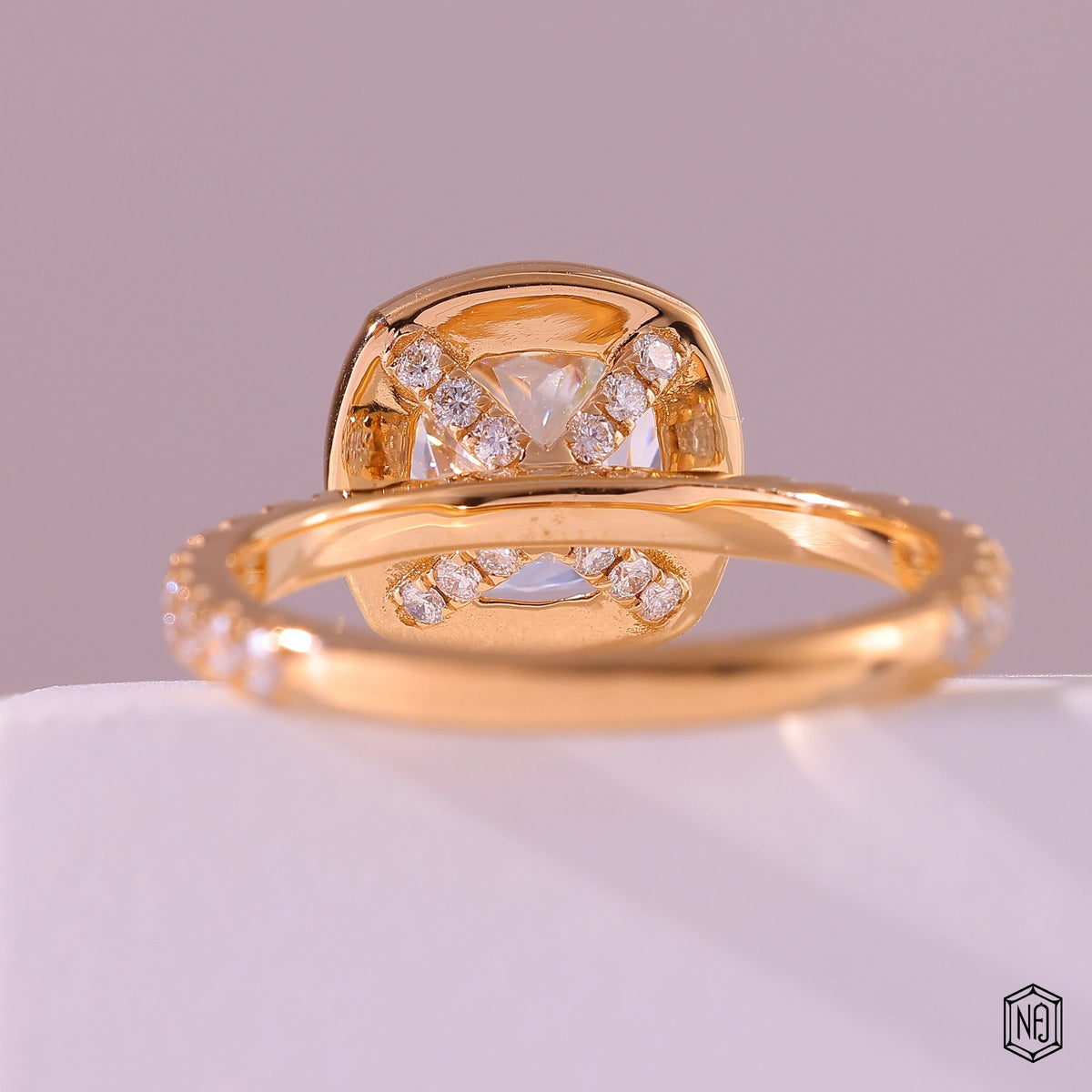 3.19 Carat Cushion Cut Lab Grown Diamond Classic Diamond Halo Engagement Ring - Hand View / Detail Angle