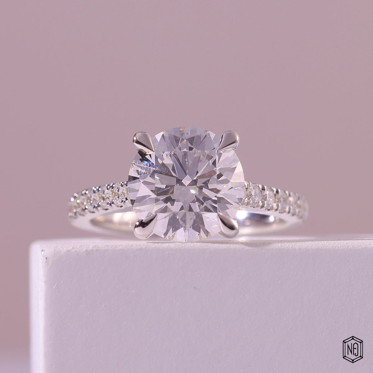 2.66 Carat Round Cut Lab Grown Diamond Side Stone Pavé Engagement Ring - Front Top View