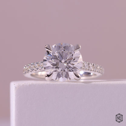 2.66 Carat Round Cut Lab Grown Diamond Side Stone Pavé Engagement Ring - Front Top View
