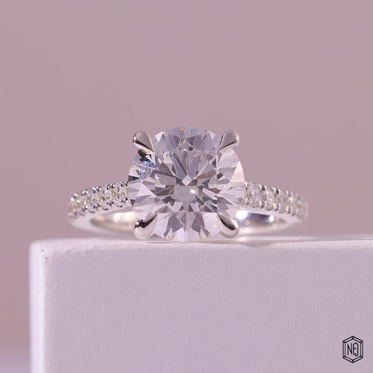 2.66 Carat Round Cut Lab Grown Diamond Side Stone Pavé Engagement Ring - Front Top View