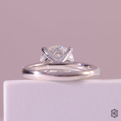 2.66 Carat Round Cut Lab Grown Diamond Side Stone Pavé Engagement Ring - Hand View / Detail Angle
