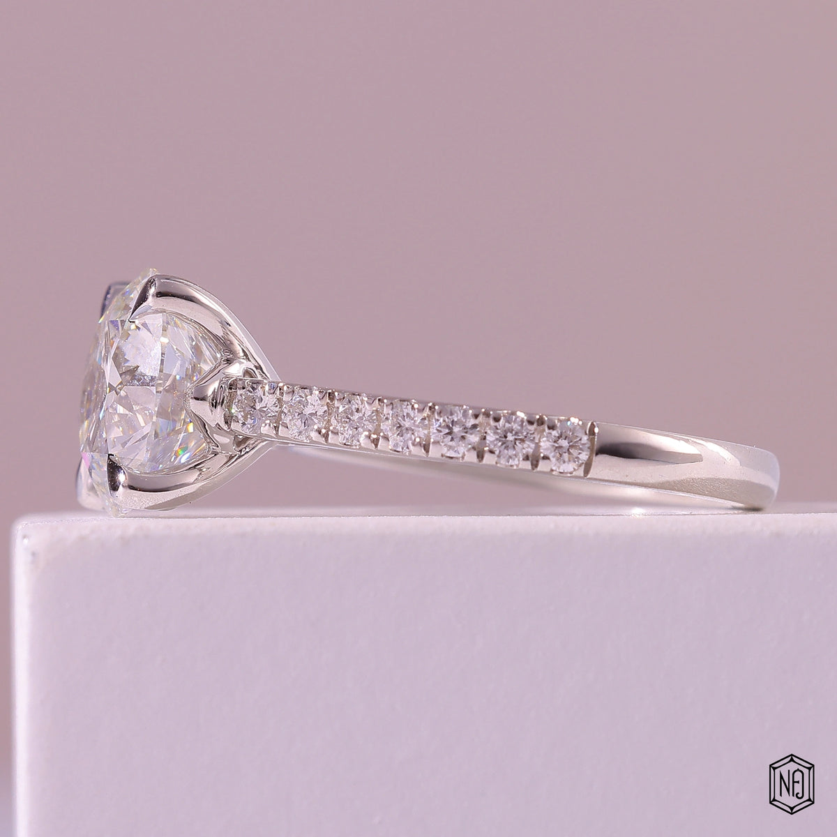 2.66 Carat Round Cut Lab Grown Diamond Side Stone Pavé Engagement Ring - Angled Perspective