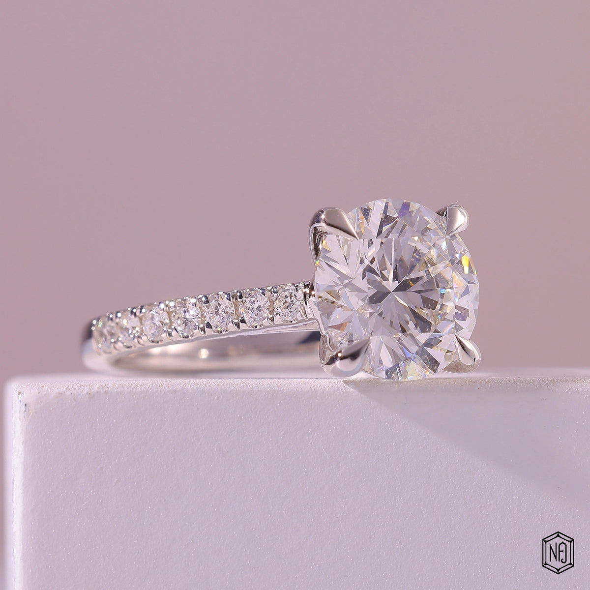 2.66 Carat Round Cut Lab Grown Diamond Side Stone Pavé Engagement Ring - Gallery & Prongs Detail