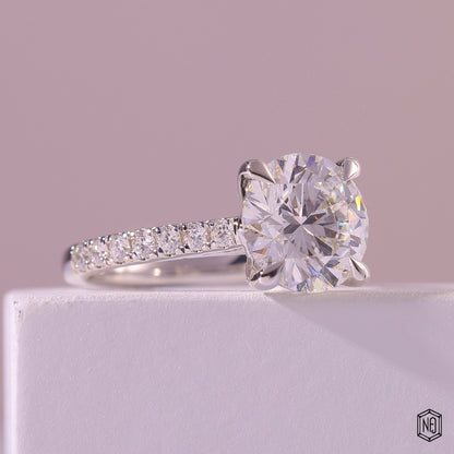 2.66 Carat Round Cut Lab Grown Diamond Side Stone Pavé Engagement Ring - Gallery & Prongs Detail