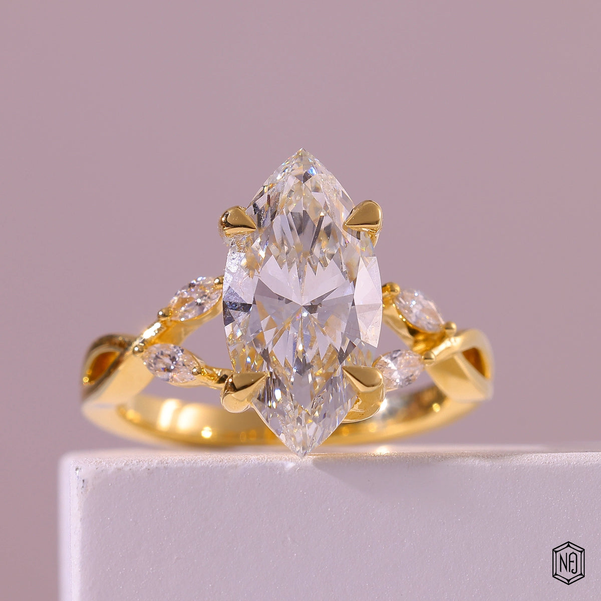 3.1 Carat Marquise Cut Lab Grown Diamond Side Stone Pavé Engagement Ring - Front Top View