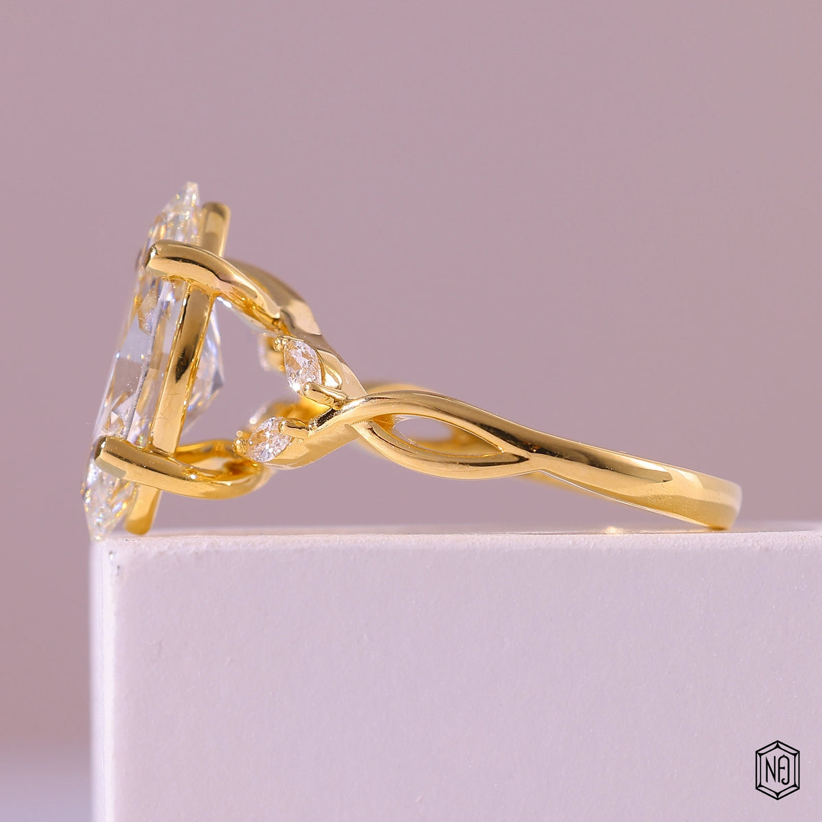 3.1 Carat Marquise Cut Lab Grown Diamond Side Stone Pavé Engagement Ring - Angled Perspective