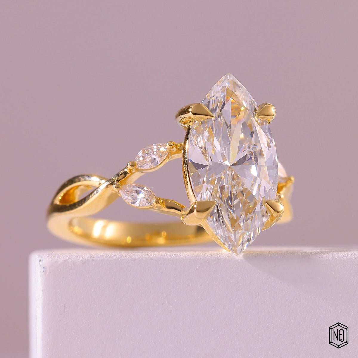 3.1 Carat Marquise Cut Lab Grown Diamond Side Stone Pavé Engagement Ring - Gallery & Prongs Detail