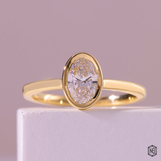 1.02 Carat Oval Cut Lab Grown Diamond Modern Bezel Engagement Ring - Front Top View