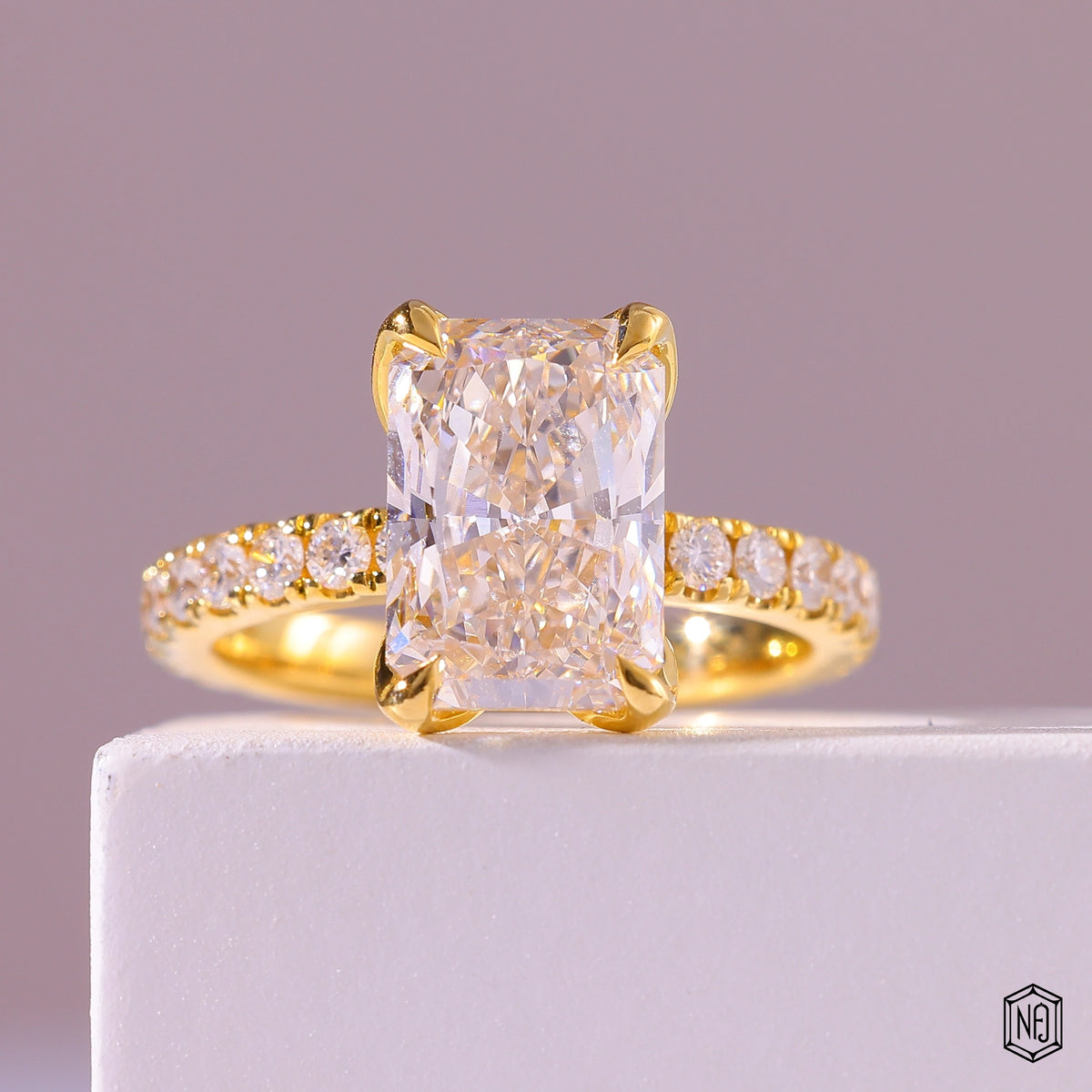 3.53 Carat Radiant Cut Lab Grown Diamond Side Stone Pavé Engagement Ring - Front Top View