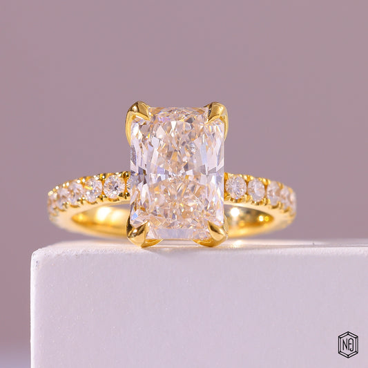 3.53 Carat Radiant Cut Lab Grown Diamond Side Stone Pavé Engagement Ring - Front Top View