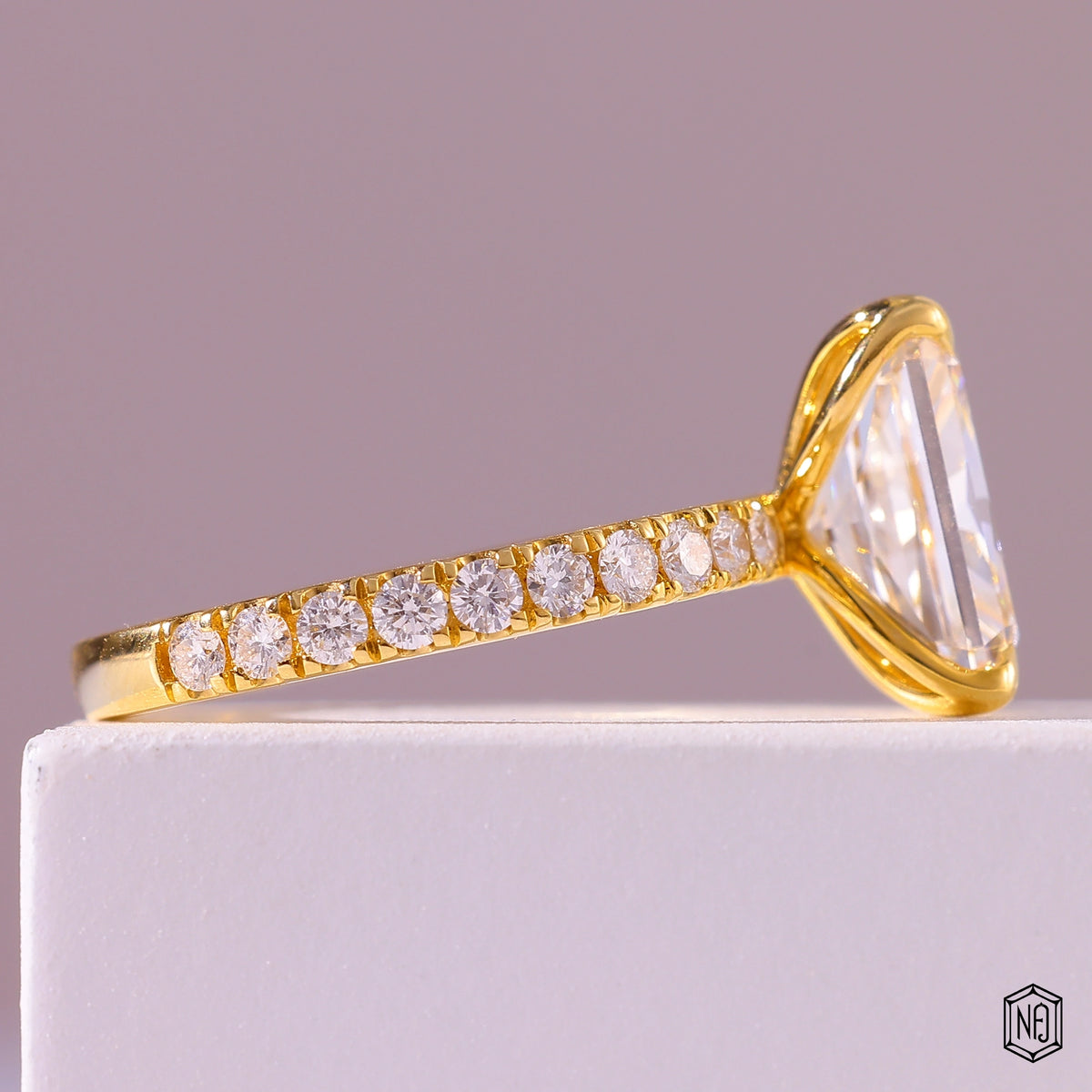 3.53 Carat Radiant Cut Lab Grown Diamond Side Stone Pavé Engagement Ring - Side Profile Angle