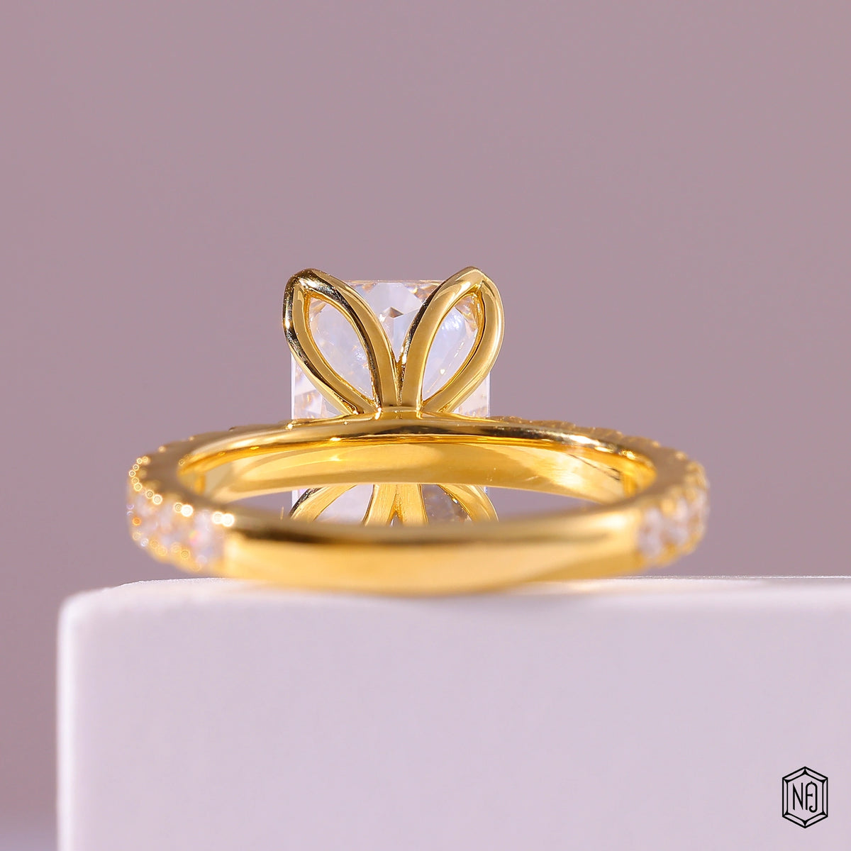 3.53 Carat Radiant Cut Lab Grown Diamond Side Stone Pavé Engagement Ring - Hand View / Detail Angle