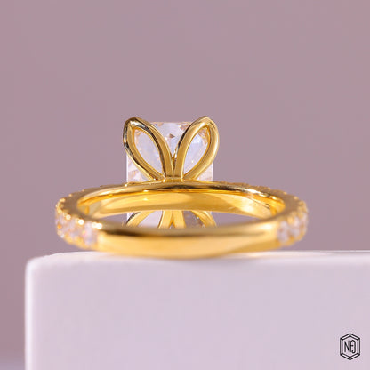 3.53 Carat Radiant Cut Lab Grown Diamond Side Stone Pavé Engagement Ring - Hand View / Detail Angle