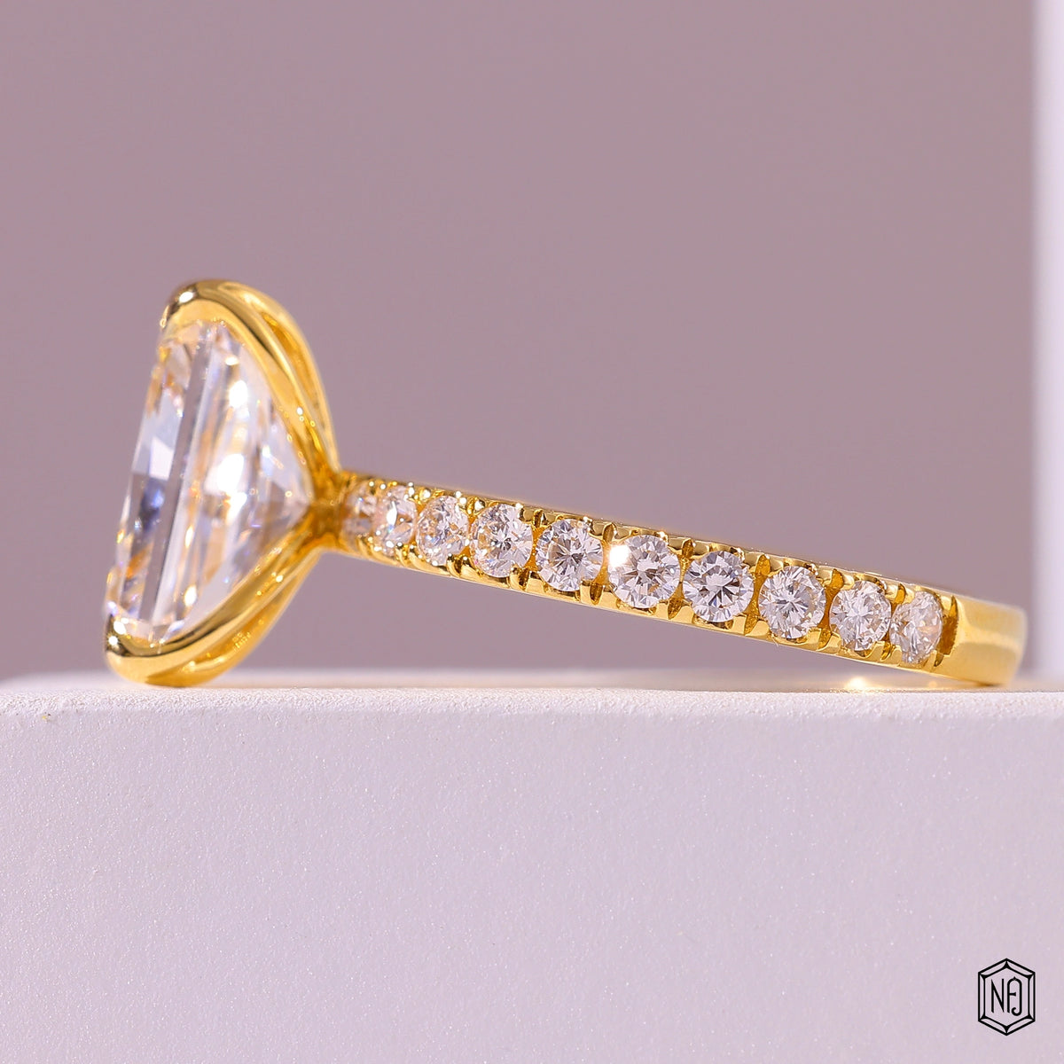 3.53 Carat Radiant Cut Lab Grown Diamond Side Stone Pavé Engagement Ring - Angled Perspective