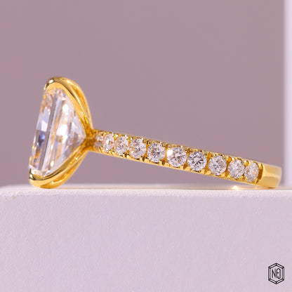 3.53 Carat Radiant Cut Lab Grown Diamond Side Stone Pavé Engagement Ring - Angled Perspective