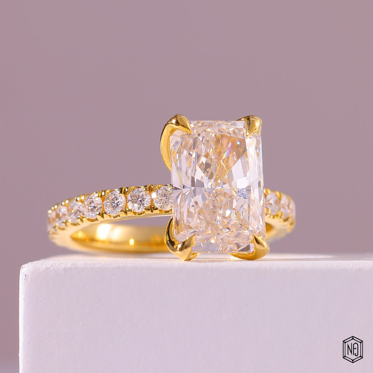 3.53 Carat Radiant Cut Lab Grown Diamond Side Stone Pavé Engagement Ring - Gallery & Prongs Detail